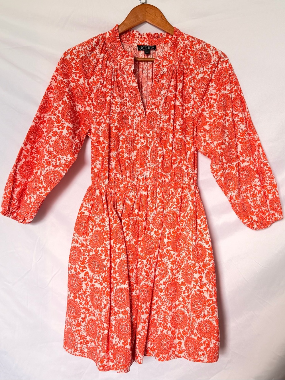 New J Crew Orange White Floral Poplin 100% Cotton Ruffle Collar Small Mini Dress